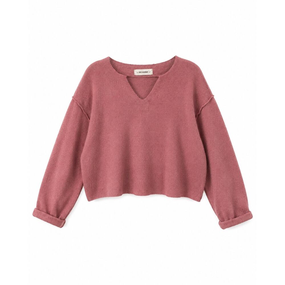 ee:some Women M/L Dusty Rose V-Neck Cropped Boxy Knit Sweater Coastal Boho Top